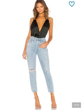 Agolde High Rise Light Wash Distressed Mom Jeans